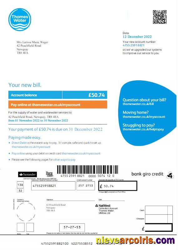 UNITED KINGDOM THAMES WATER utility bill